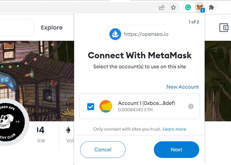 Ví Metamask của bạn hiện đã được kết nối với tài khoản OpenSea