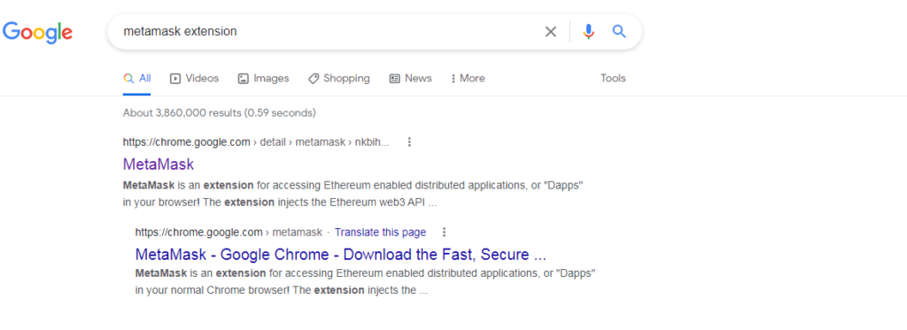 Tìm Metamask Extension trên google