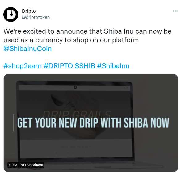 Dripto đã thêm mã thông báo Shiba Inu (SHIB) làm một trong những tùy chọn thanh toán của mình