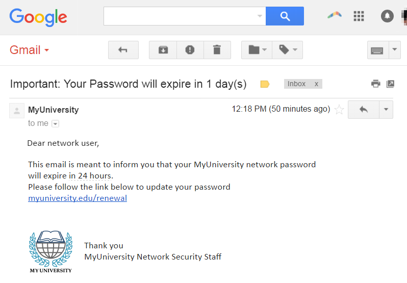 Email tấn công lừa đảo được gửi từ trường MyUniversity