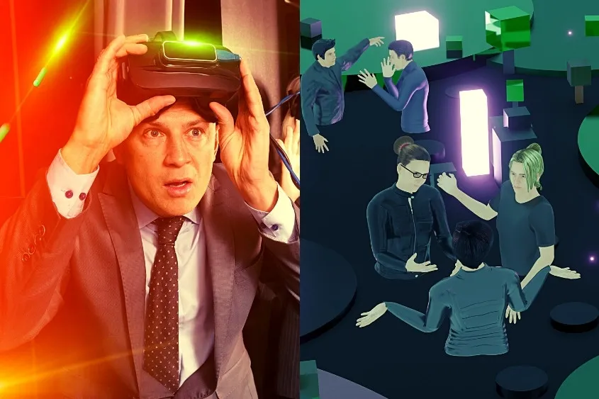Một người đàn ông tháo kính VR của mình, trong khi hình đại diện trong metaverse tiếp tục trò chuyện