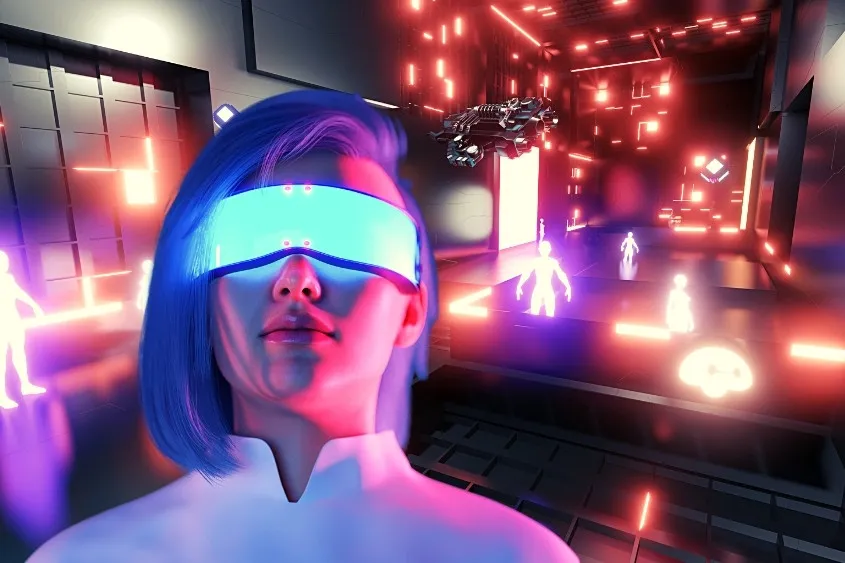 Một người phụ nữ với kính VR đứng trong metaverse